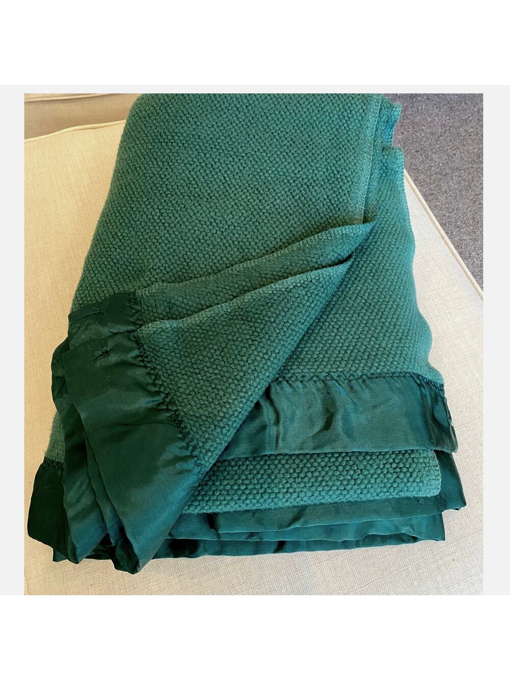 Vtg Ralph Lauren Queen Thermal Blanket Hunter Green Acrylic Satin Trim USA Made